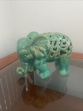 Turquoise Glazed Ceramic Elephant Figurine with Cutout Detailing